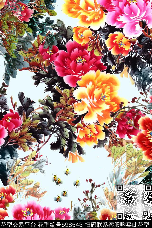 传统花卉中国风数码印花华亿平台下载（图片编号: 598543） - 瓦栏（Walan）