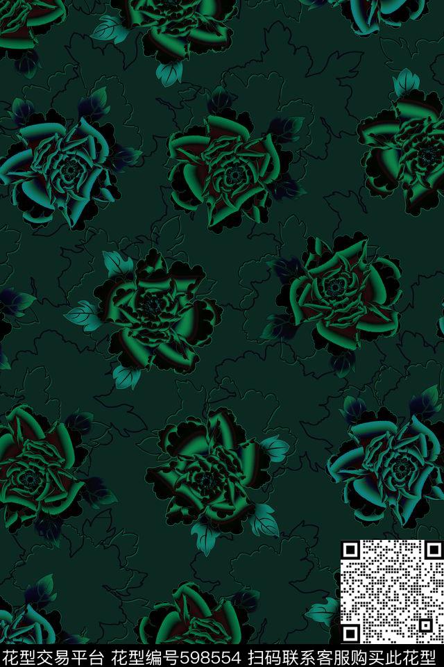 时尚牡丹花卉数码印花华亿平台下载（图片编号: 598554） - 瓦栏（Walan）