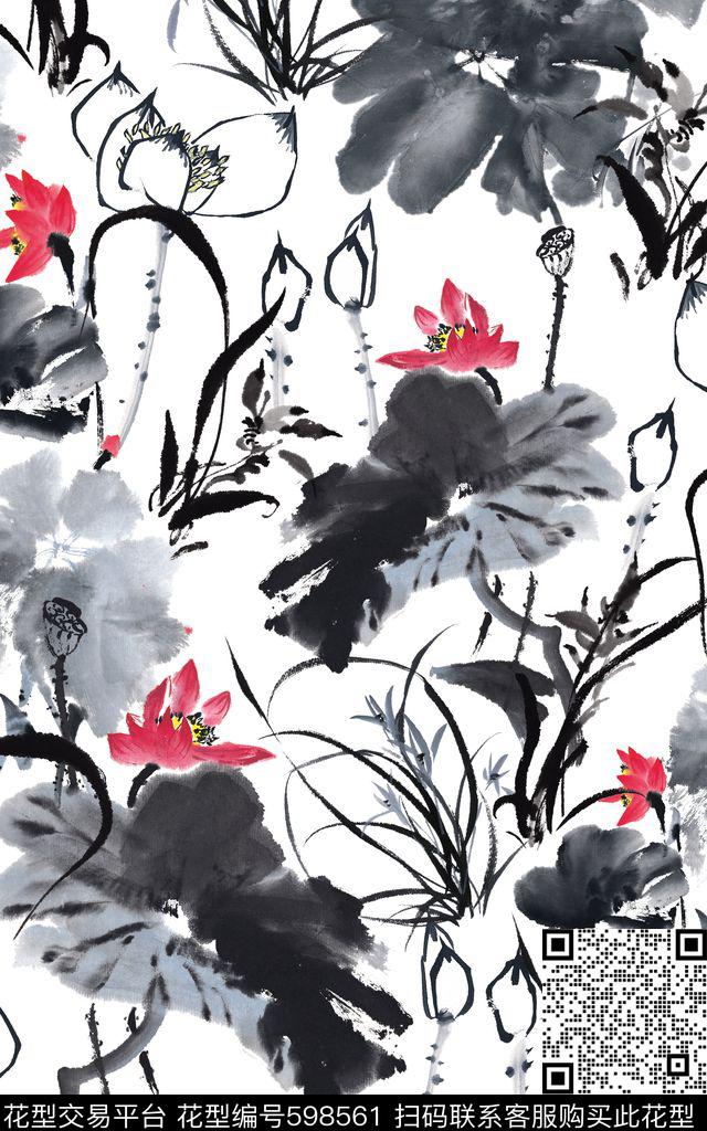 国画水墨莲叶数码印花华亿平台下载（图片编号: 598561） - 瓦栏（Walan）