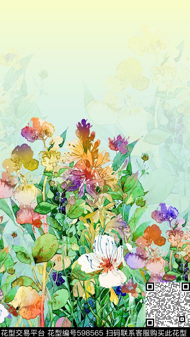 双边定位水彩花卉数码印花华亿平台下载（图片编号: 598565） - 瓦栏（Walan）