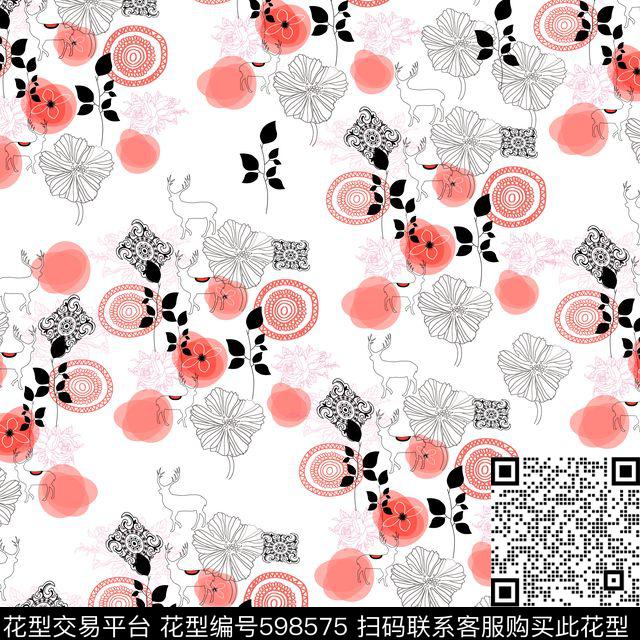 趣味鹿花纹传统印花华亿平台下载（图片编号: 598575） - 瓦栏（Walan）