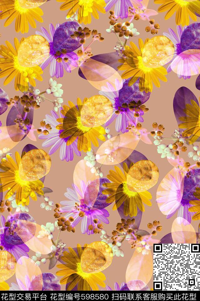 时尚温馨花卉拼接数码印花华亿平台下载（图片编号: 598580） - 瓦栏（Walan）