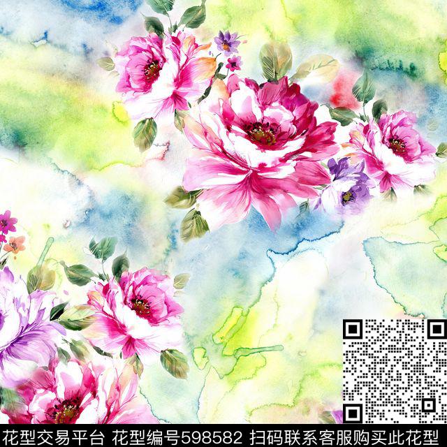 水彩花卉清新数码印花华亿平台下载（图片编号: 598582） - 瓦栏（Walan）