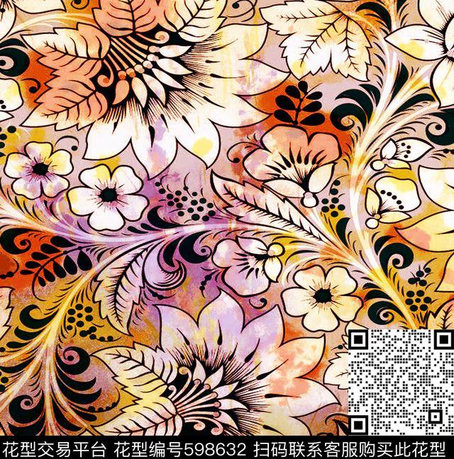 花卉抽象欧洲数码印花华亿平台下载（图片编号: 598632） - 瓦栏（Walan）