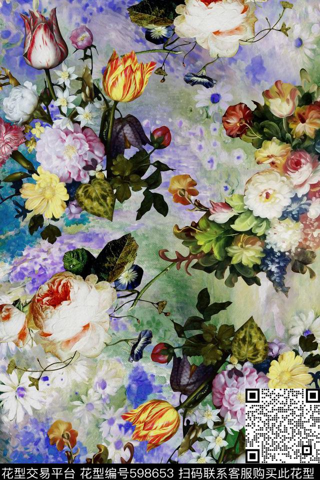 油画花卉玫瑰数码印花华亿平台下载（图片编号: 598653） - 瓦栏（Walan）
