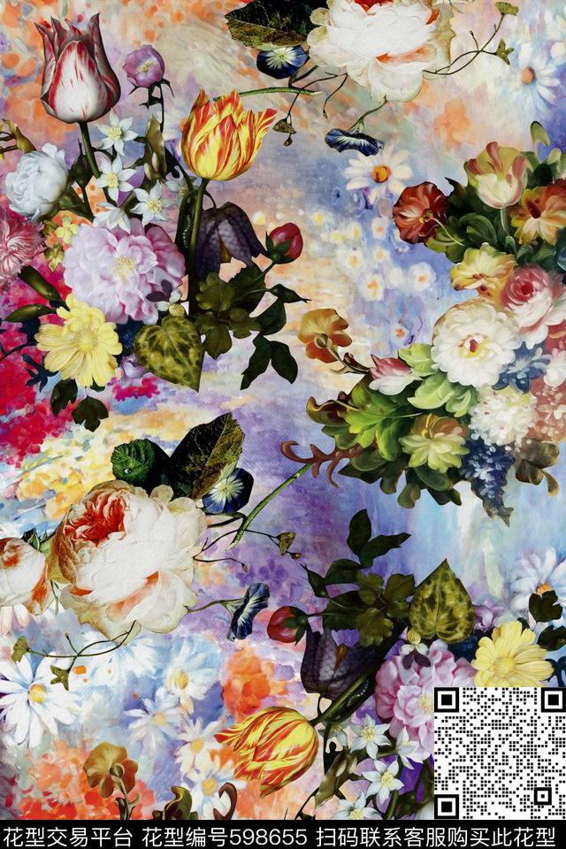 油画花卉玫瑰数码印花华亿平台下载（图片编号: 598655） - 瓦栏（Walan）