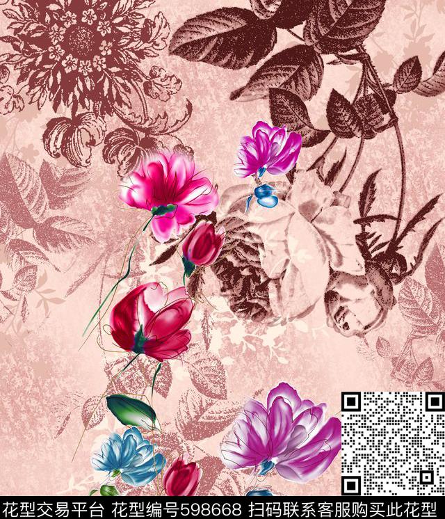 花卉抽象欧洲数码印花华亿平台下载（图片编号: 598668） - 瓦栏（Walan）