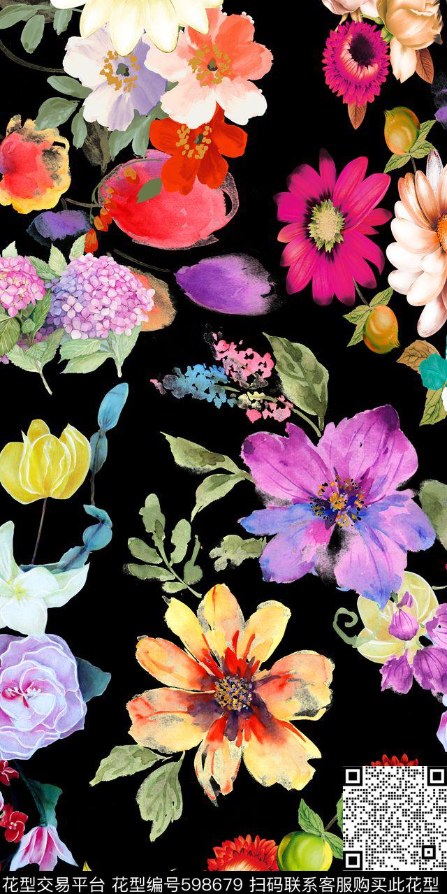 手绘花卉满版散花数码印花华亿平台下载（图片编号: 598679） - 瓦栏（Walan）