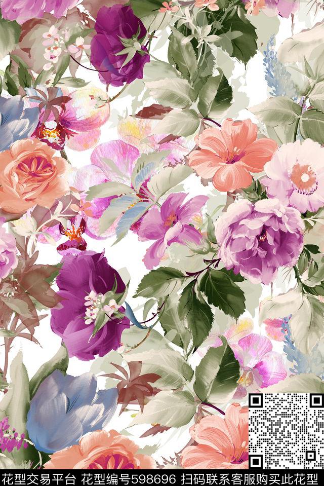 手绘花卉满版散花数码印花华亿平台下载（图片编号: 598696） - 瓦栏（Walan）