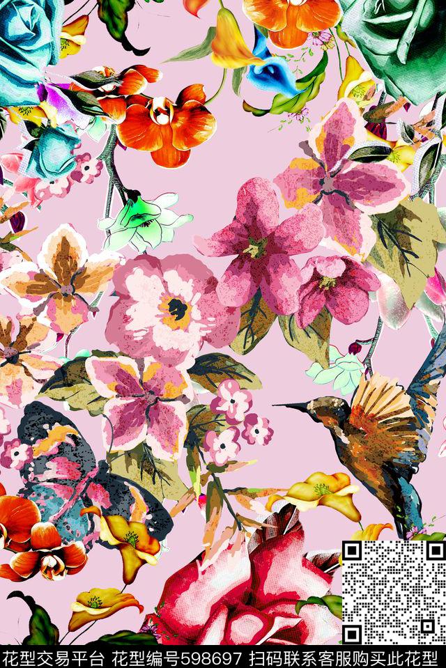 手绘花卉满版散花数码印花华亿平台下载（图片编号: 598697） - 瓦栏（Walan）