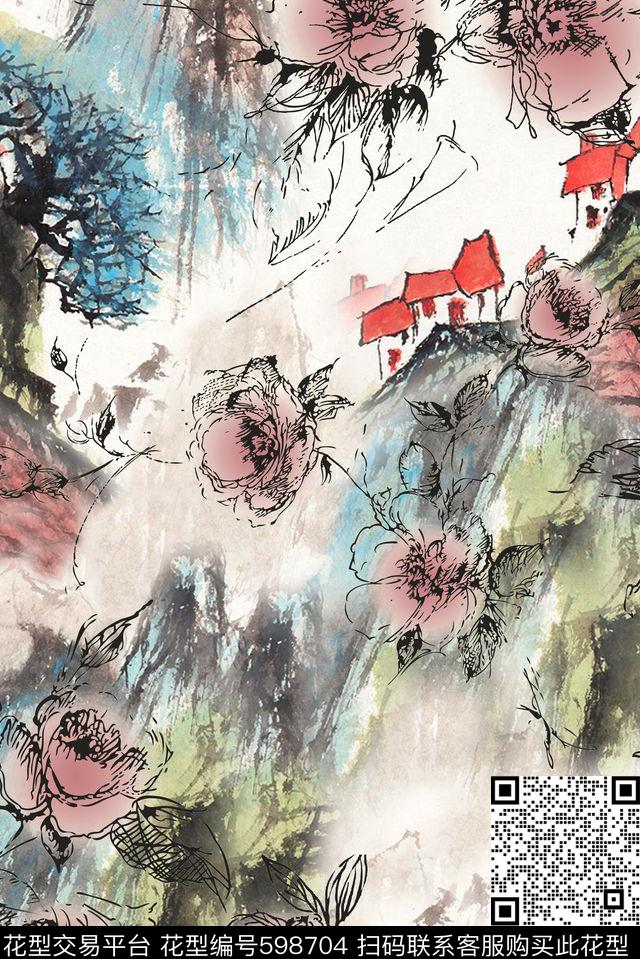 手绘花卉定位花数码印花华亿平台下载（图片编号: 598704） - 瓦栏（Walan）
