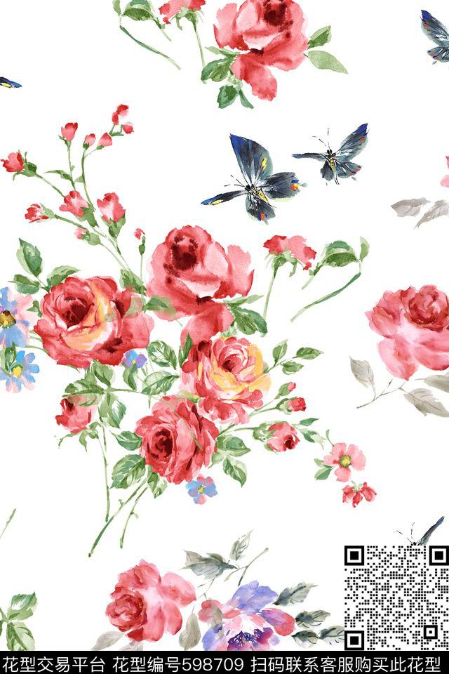 水墨花卉蝴蝶数码印花华亿平台下载（图片编号: 598709） - 瓦栏（Walan）