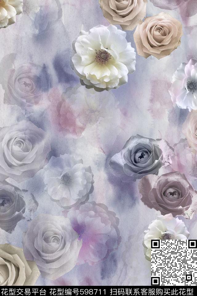 水墨大花定位数码印花华亿平台下载（图片编号: 598711） - 瓦栏（Walan）