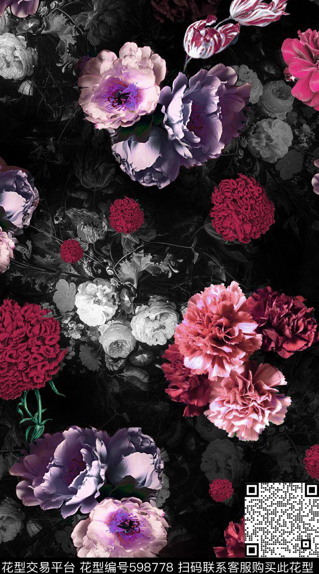 大花时尚牡丹数码印花华亿平台下载（图片编号: 598778） - 瓦栏（Walan）