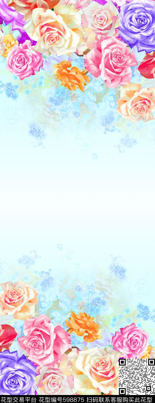 渐变双边定位花卉数码印花华亿平台下载（图片编号: 598875） - 瓦栏（Walan）