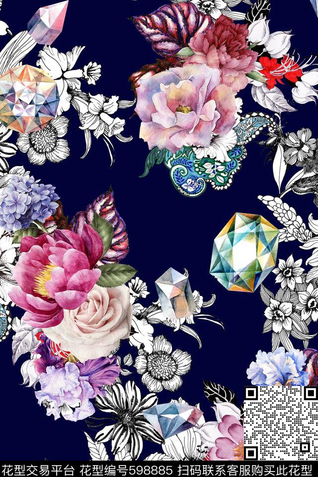 玉兰花牡丹花卉数码印花华亿平台下载（图片编号: 598885） - 瓦栏（Walan）