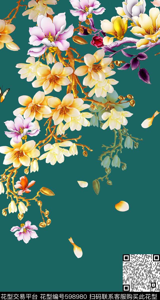玉兰花定位花蝴蝶数码印花华亿平台下载（图片编号: 598980） - 瓦栏（Walan）