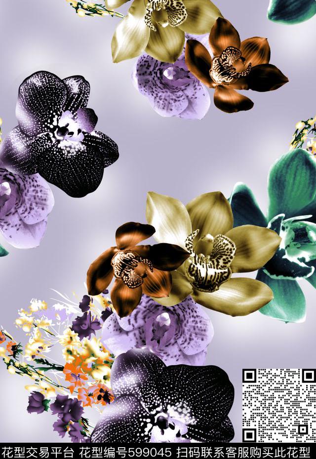 大气花朵花朵云纹底数码印花华亿平台下载（图片编号: 599045） - 瓦栏（Walan）