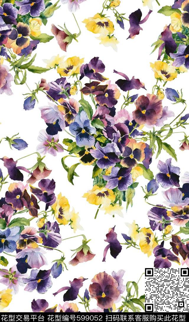 大气花朵白底小叶花白底花卉数码印花华亿平台下载（图片编号: 599052） - 瓦栏（Walan）