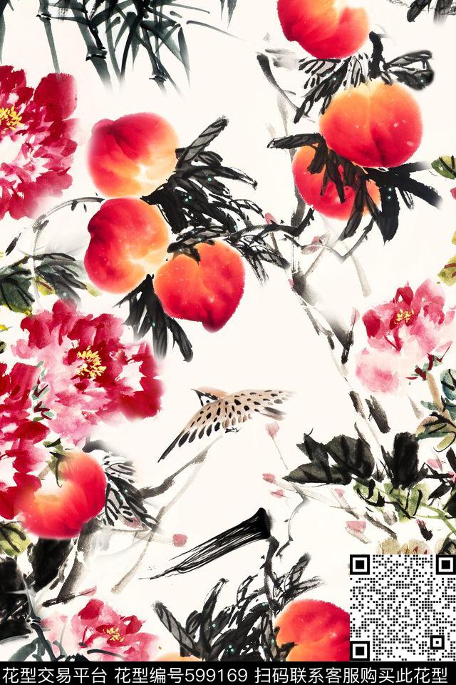 中国风重彩竹叶牡丹数码印花华亿平台下载（图片编号: 599169） - 瓦栏（Walan）