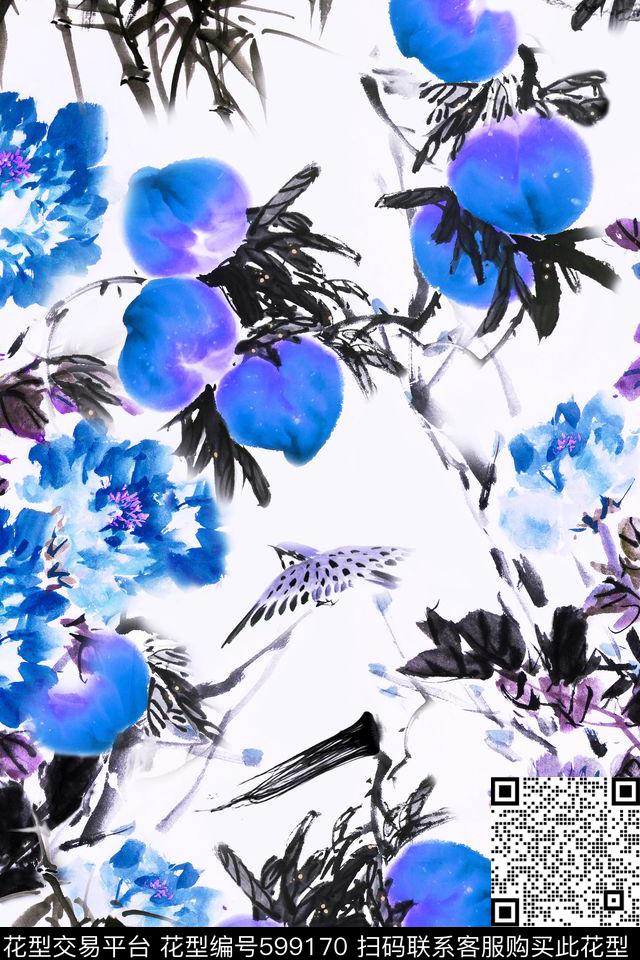 中国风重彩竹叶牡丹数码印花华亿平台下载（图片编号: 599170） - 瓦栏（Walan）