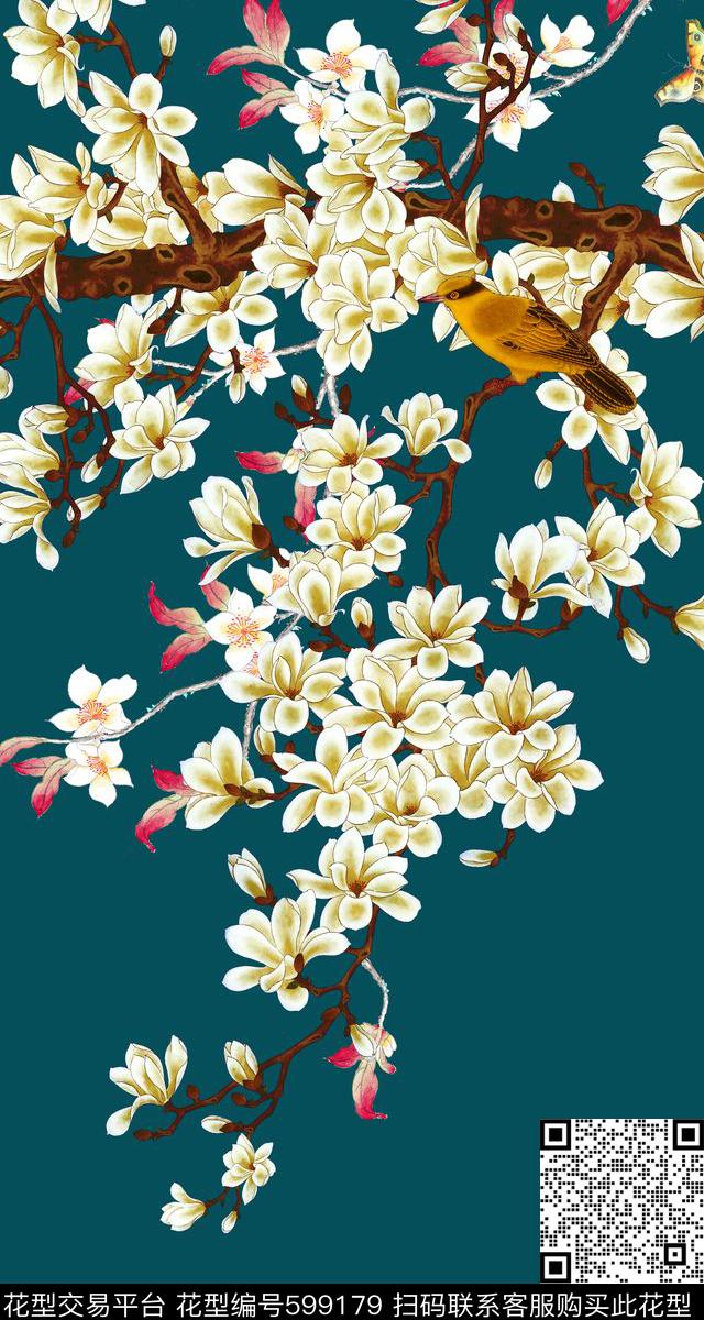 玉兰花定位花旗袍数码印花华亿平台下载（图片编号: 599179） - 瓦栏（Walan）