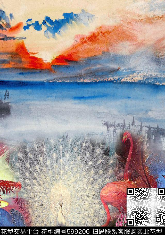 花鸟花卉火烈鸟数码印花华亿平台下载（图片编号: 599206） - 瓦栏（Walan）