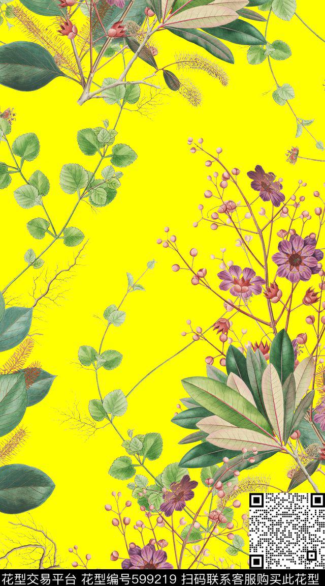 树叶复古花卉数码印花华亿平台下载（图片编号: 599219） - 瓦栏（Walan）