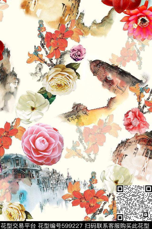 水彩建筑花卉数码印花华亿平台下载（图片编号: 599227） - 瓦栏（Walan）