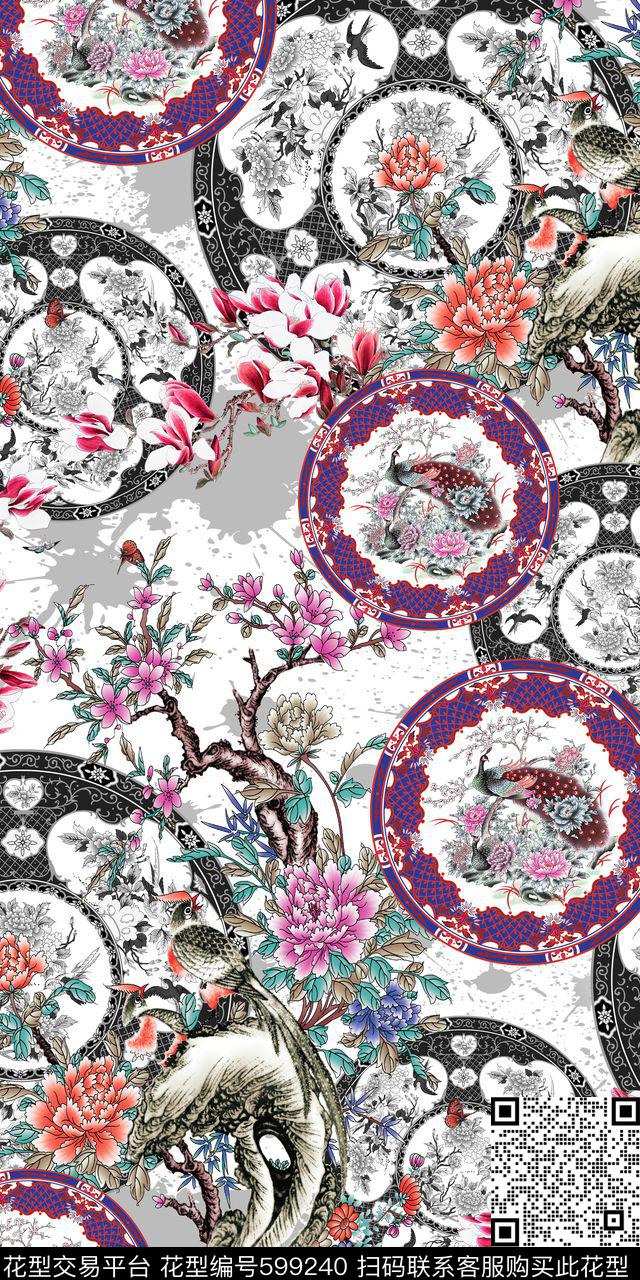 中国风圆盘、工笔花、泼墨喷溅数码印花华亿平台下载（图片编号: 599240） - 瓦栏（Walan）