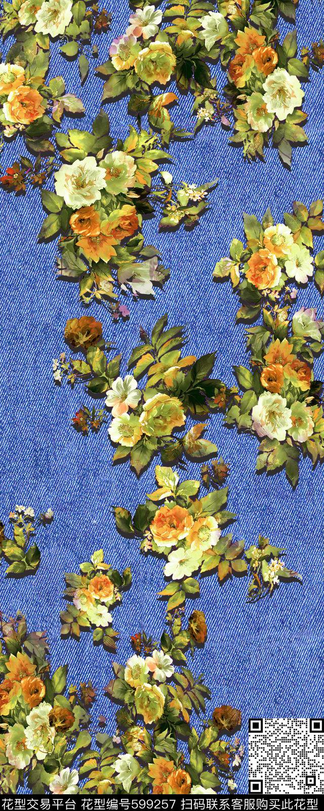 牛仔花卉时尚数码印花华亿平台下载（图片编号: 599257） - 瓦栏（Walan）