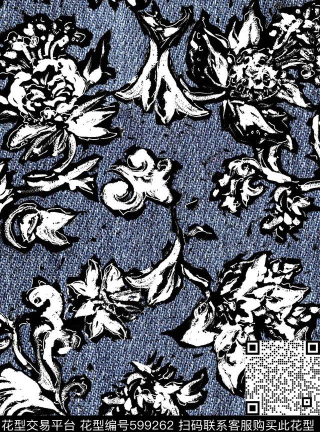 牛仔肌理花卉传统印花华亿平台下载（图片编号: 599262） - 瓦栏（Walan）