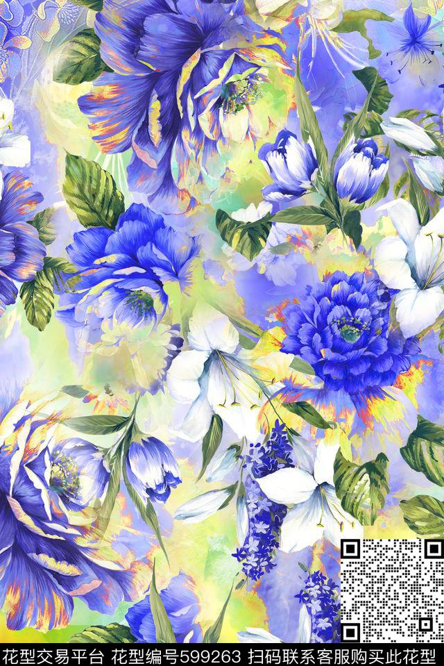 花朵时尚清爽数码印花华亿平台下载（图片编号: 599263） - 瓦栏（Walan）