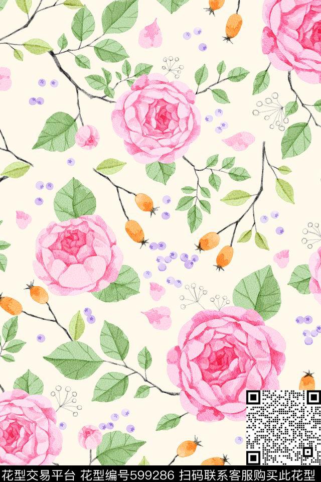 中国风桃花大花数码印花华亿平台下载（图片编号: 599286） - 瓦栏（Walan）