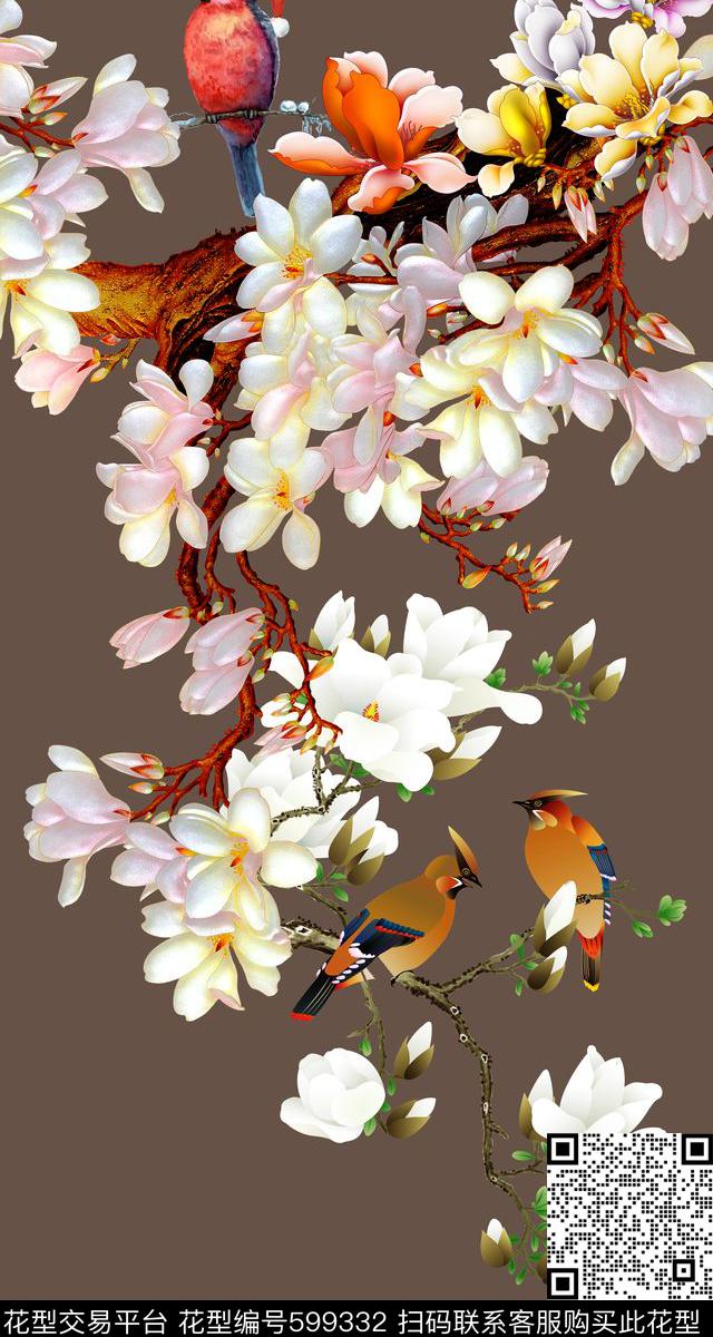 素雅玉兰花定位花数码印花华亿平台下载（图片编号: 599332） - 瓦栏（Walan）