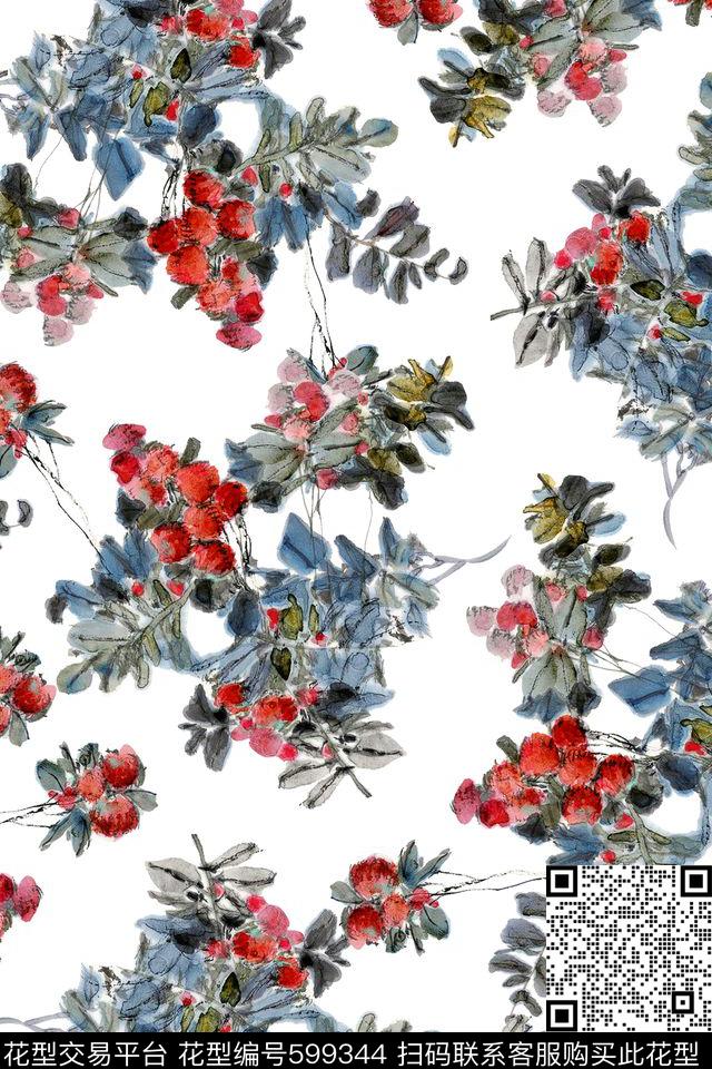 国画水彩小花数码印花华亿平台下载（图片编号: 599344） - 瓦栏（Walan）