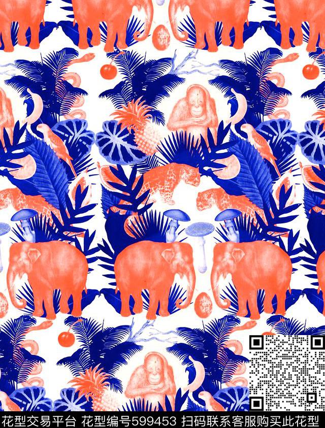 热带猴子大象数码印花华亿平台下载（图片编号: 599453） - 瓦栏（Walan）