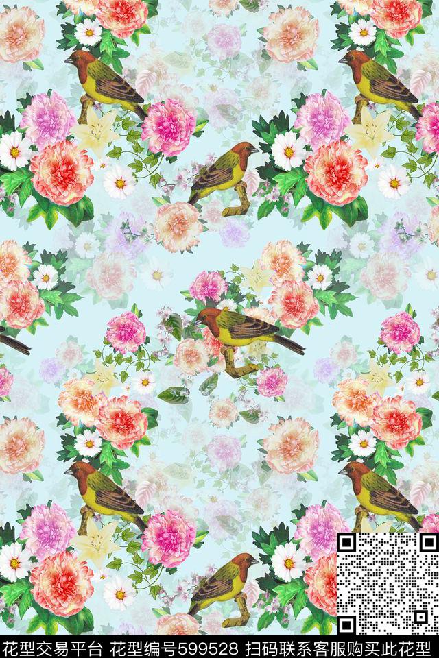 满版花卉小鸟数码印花华亿平台下载（图片编号: 599528） - 瓦栏（Walan）