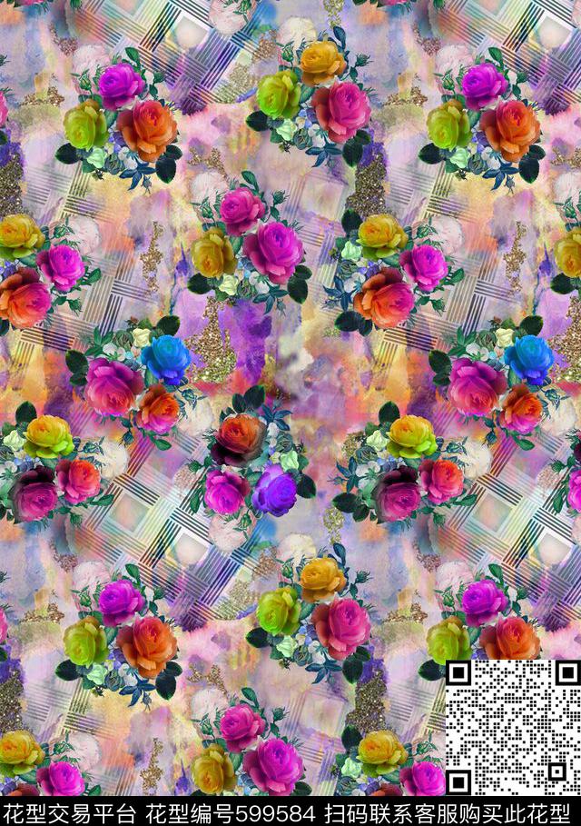 条纹饱满花卉数码印花华亿平台下载（图片编号: 599584） - 瓦栏（Walan）