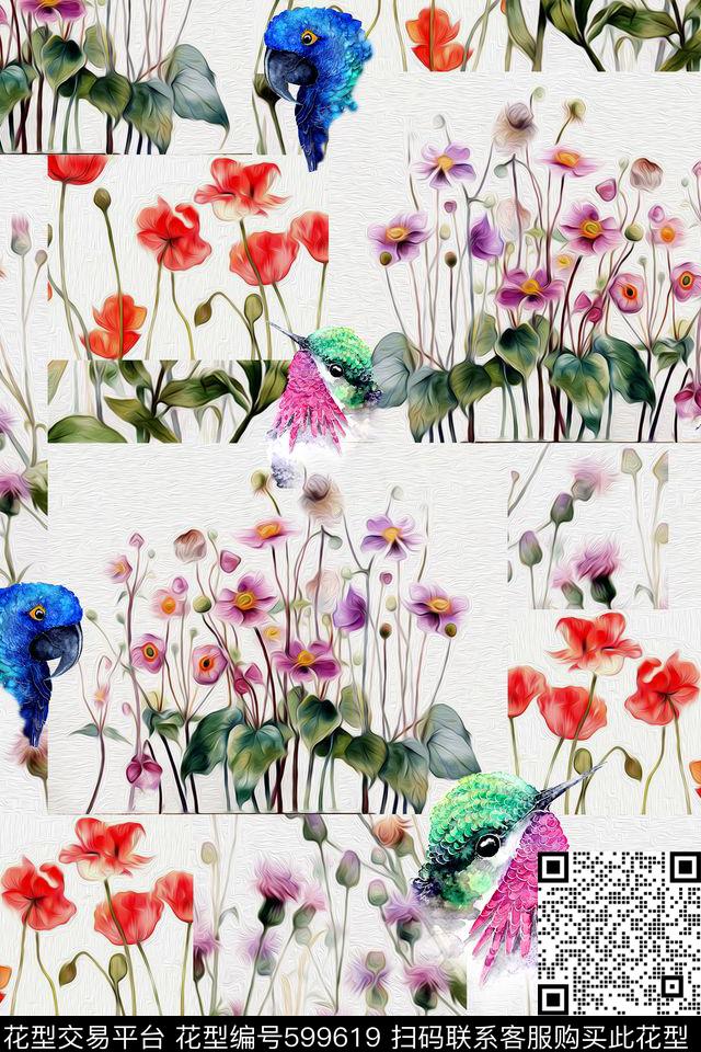 花鸟花朵手绘数码印花华亿平台下载（图片编号: 599619） - 瓦栏（Walan）