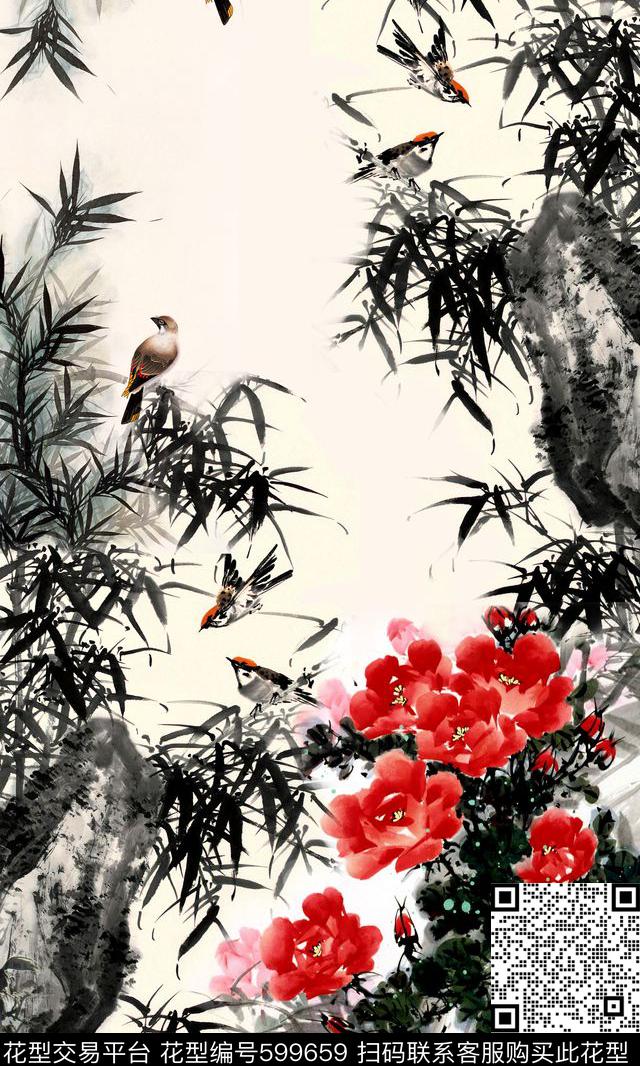 国画鸟牡丹数码印花华亿平台下载（图片编号: 599659） - 瓦栏（Walan）