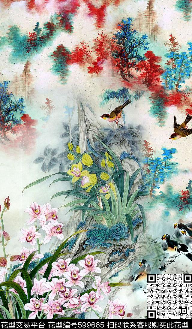 山水色彩水仙花数码印花华亿平台下载（图片编号: 599665） - 瓦栏（Walan）