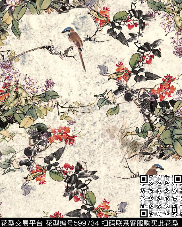 中国风水墨花卉花卉数码印花华亿平台下载（图片编号: 599734） - 瓦栏（Walan）