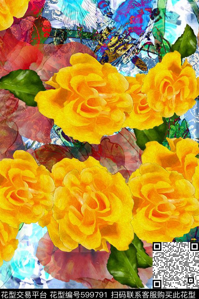 中国风趣味大花数码印花华亿平台下载（图片编号: 599791） - 瓦栏（Walan）