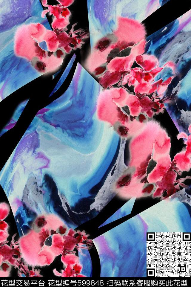 抽象水彩花卉数码印花华亿平台下载（图片编号: 599848） - 瓦栏（Walan）