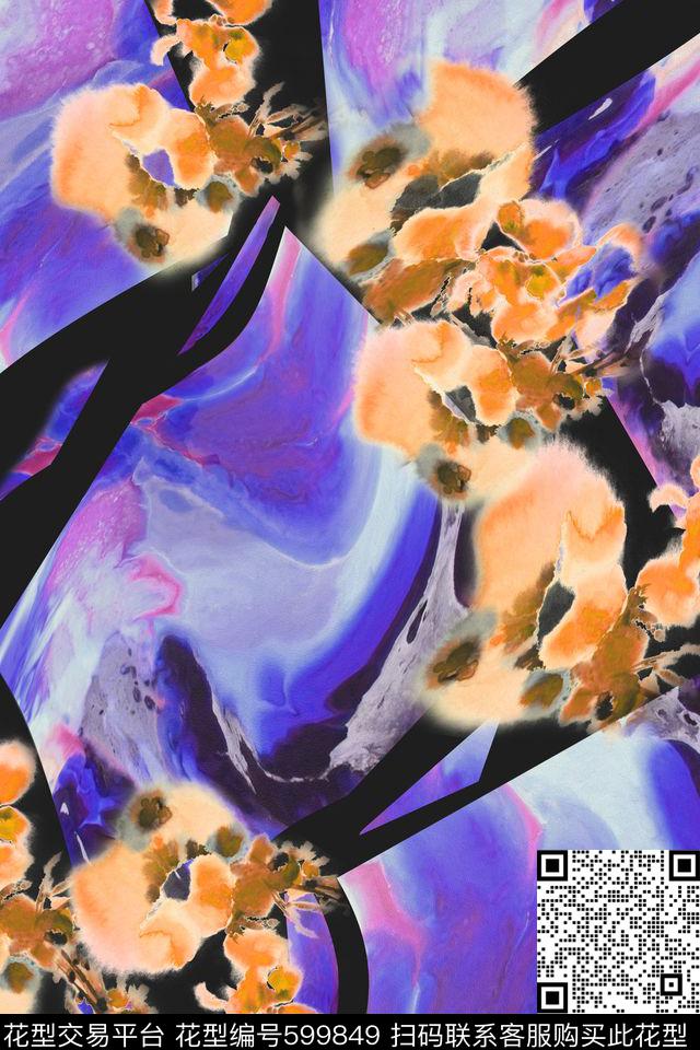 抽象水彩花卉数码印花华亿平台下载（图片编号: 599849） - 瓦栏（Walan）