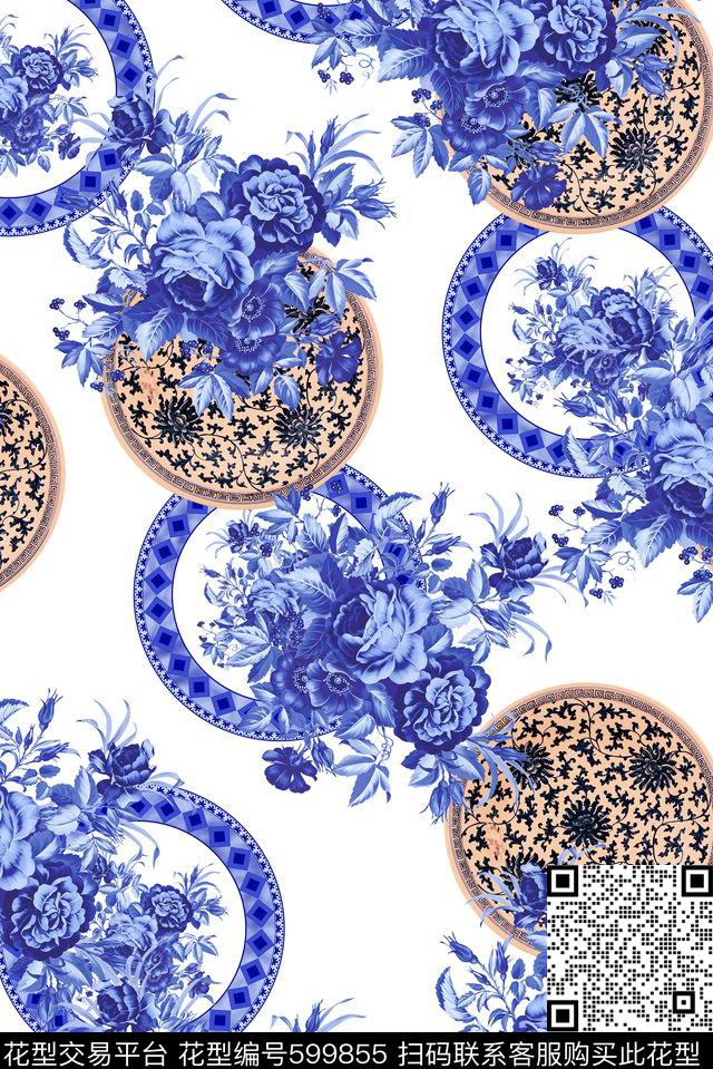 中国风青花瓷圆盘数码印花华亿平台下载（图片编号: 599855） - 瓦栏（Walan）