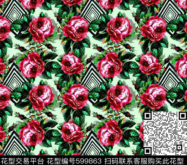 几何花卉植物花卉数码印花华亿平台下载（图片编号: 599863） - 瓦栏（Walan）