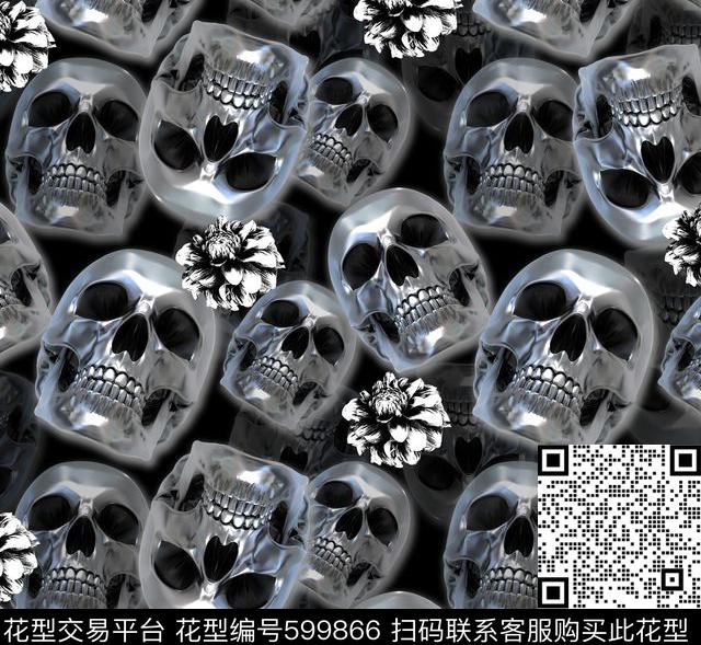 骷髅头花卉花朵数码印花华亿平台下载（图片编号: 599866） - 瓦栏（Walan）