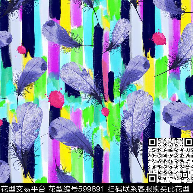 几何彩条水墨羽毛数码印花华亿平台下载（图片编号: 599891） - 瓦栏（Walan）
